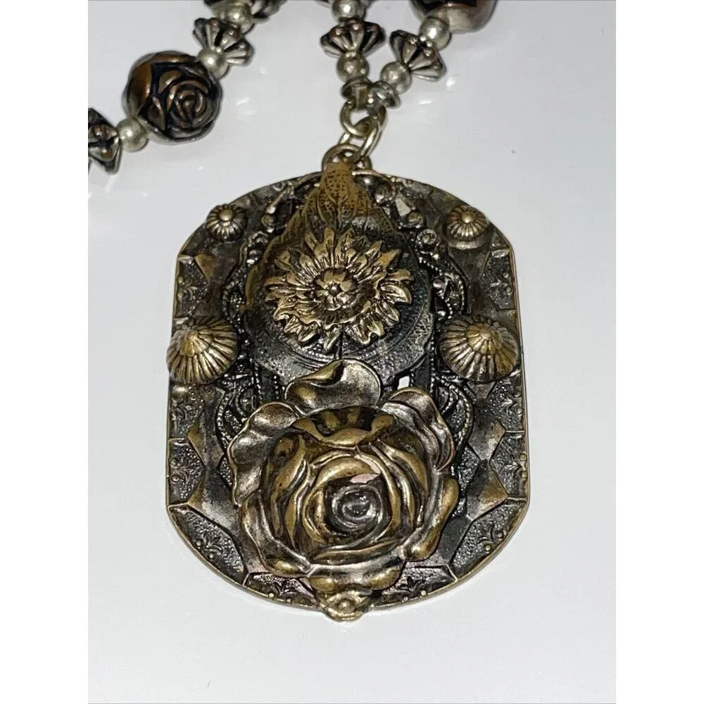 Vintage Brass Rose Pendant Necklace With Plastic Beaded Roses Filigree Stunning!